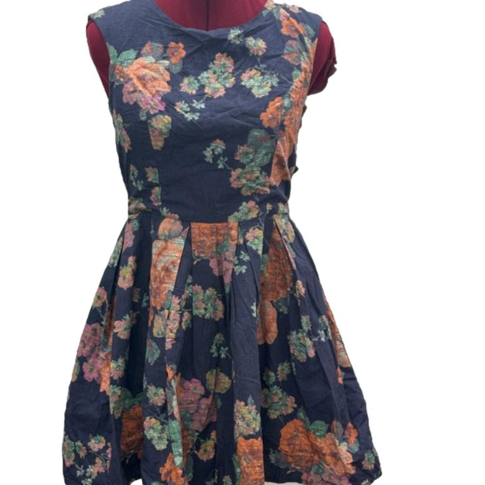 American Rag Cie Navy Floral Sleeveless Ruffle Fit & Flare Summer Dress Sz Sm